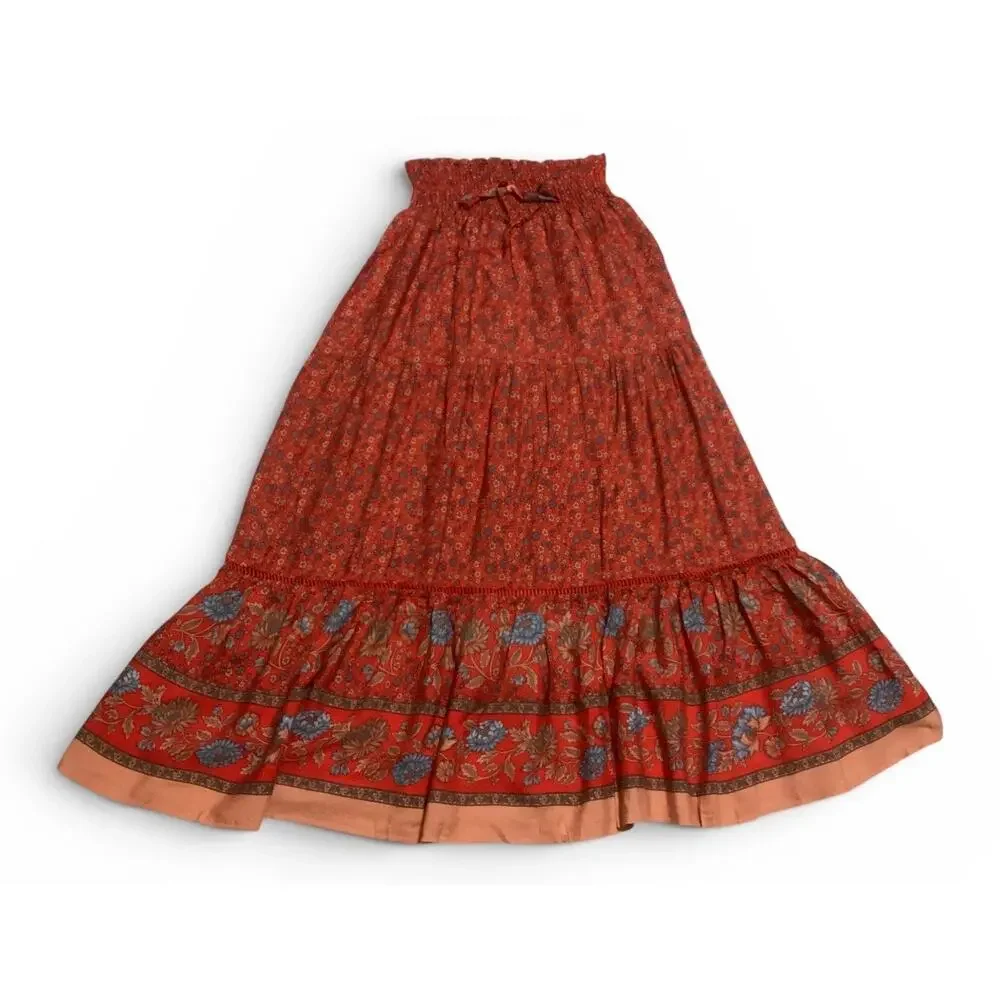 Red Bohemian Floral Tiered Maxi Skirt – Rust Red Smocked High-Waist  size S - Picture 2 of 3